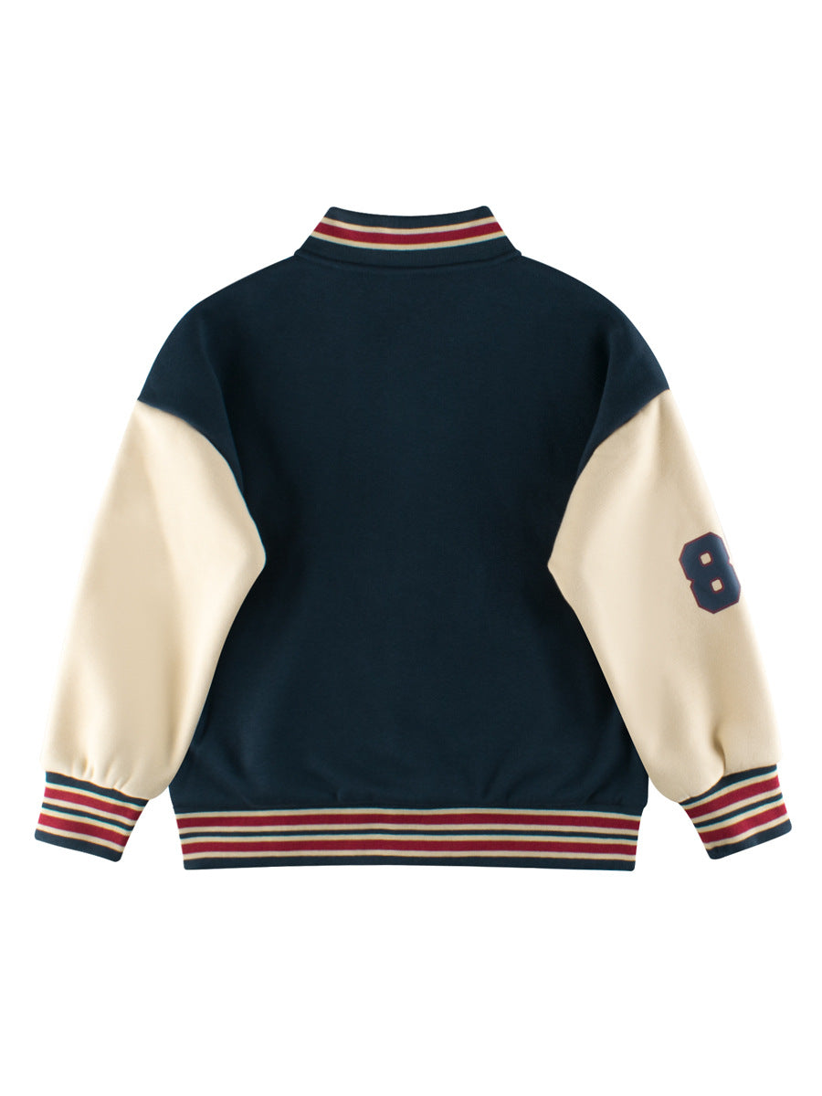 Boys and Girls Teddy Bear and Letters Printed Contrast Design Color Patchwork Single Breasted Striped Baseball Coat-2