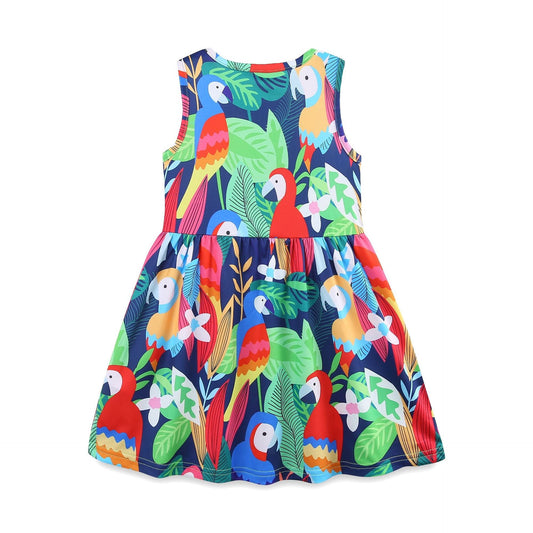 Summer Hot Selling Colorful Parrots Pattern Sleeveless Dress for Stylish Girls-1