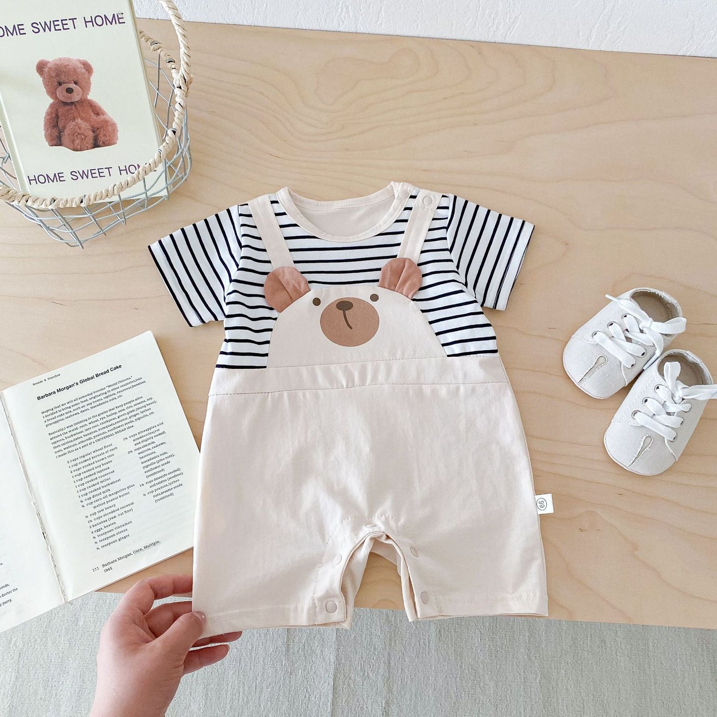 New Design Summer Baby Kids Unisex Teddy Bear Pattern Crew Neck Short Sleeves Striped Color Patchwork Romper-1