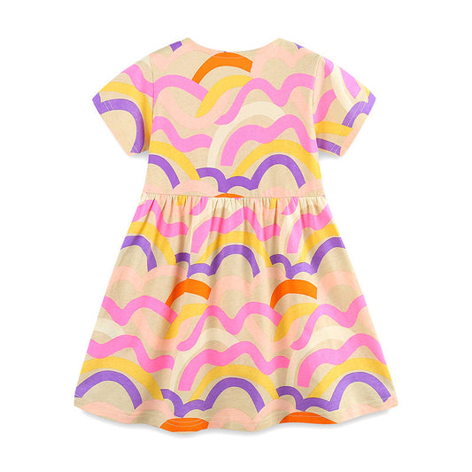 Summer Pure Cotton Waves Pattern Short Sleeves Dress for Stylish Girls-1