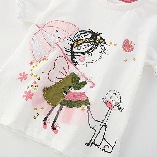 Summer Girls’ Cartoon and Flowers Pattern T-shirt in European and American Style-1