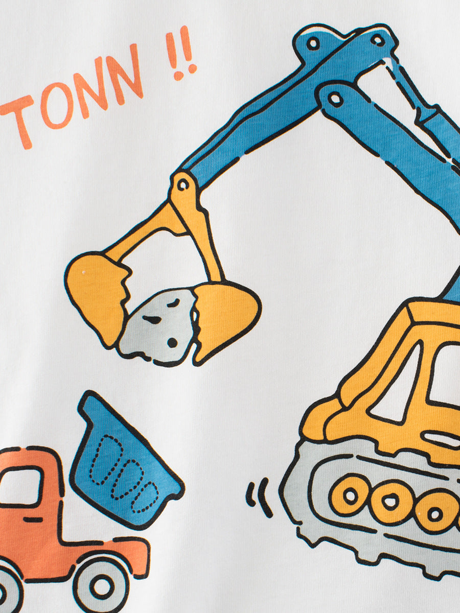 Boys’ Cartoon Excavator And Truck Print T-Shirt In European And American Style-2