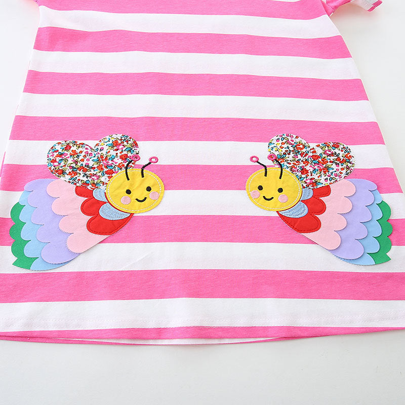 Design Summer Girls Striped and Bees Pattern Short Sleeves Dress-3