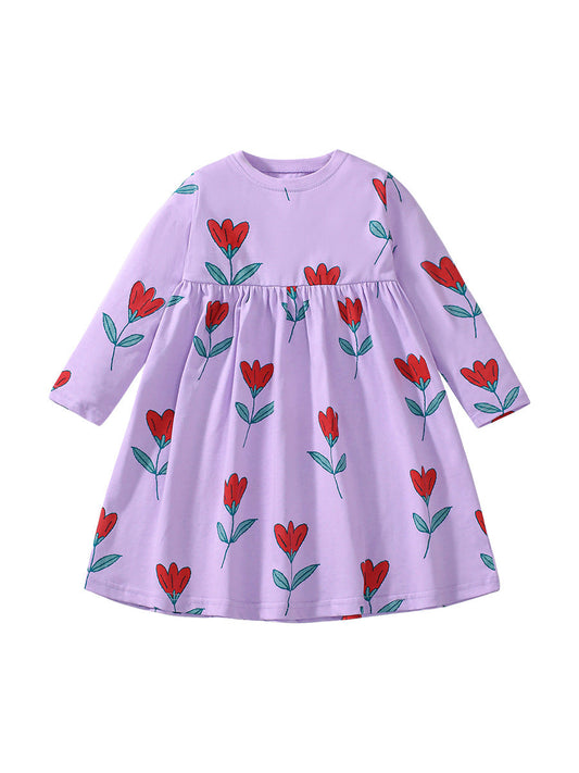 Autumn New Arrival Girls’ Flowers Pattern Crew Neck Long Sleeves Purple Dress-1