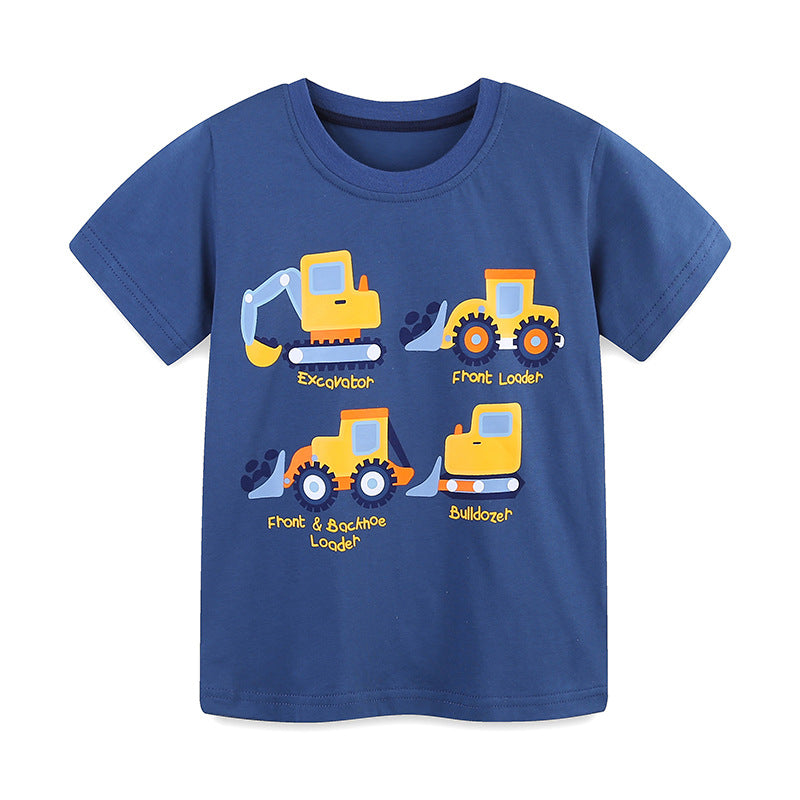 Summer Boys’ Engineering Car Cartoon Pattern T-shirt in European and American Style-0