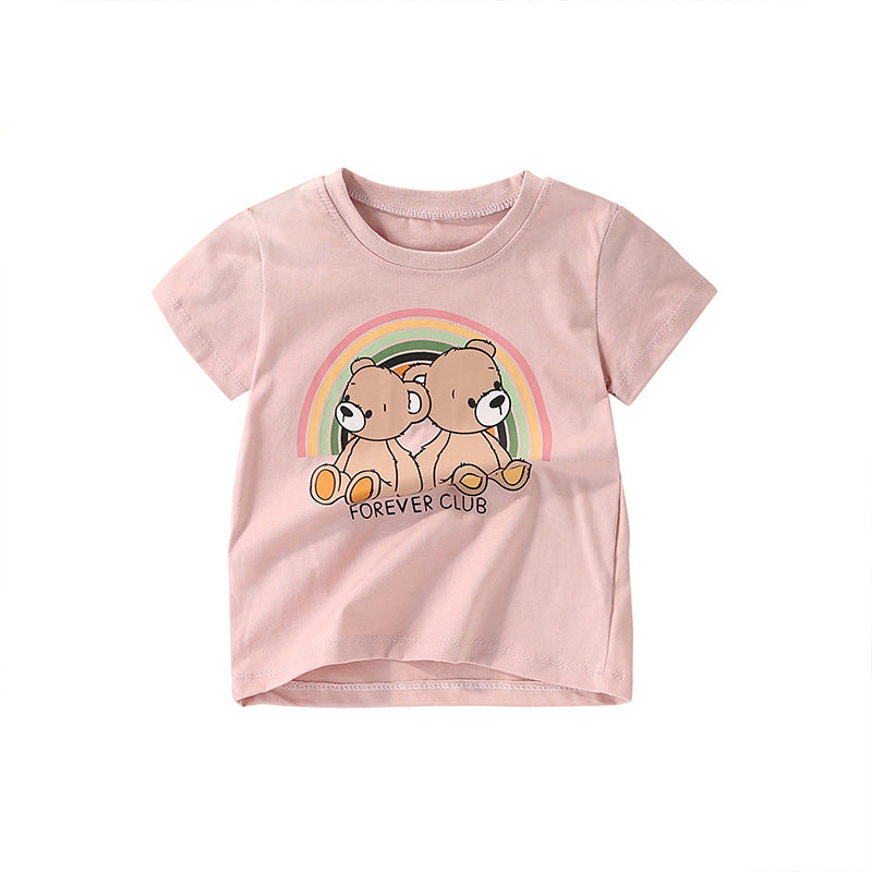 Girls’ Cartoon Teddy Bear Pattern Short Sleeves T-Shirt In European And American Style For Summer-1