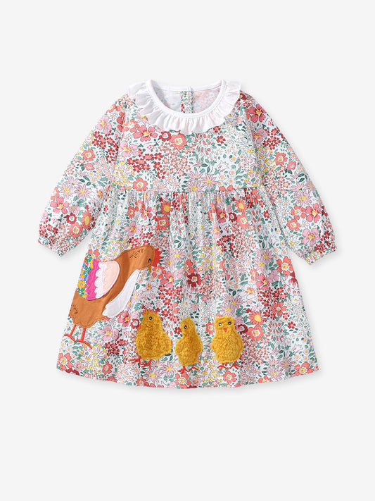 Design Autumn Girls Floral and Chicks Pattern Ruffle Collar Long Sleeves Dress-1