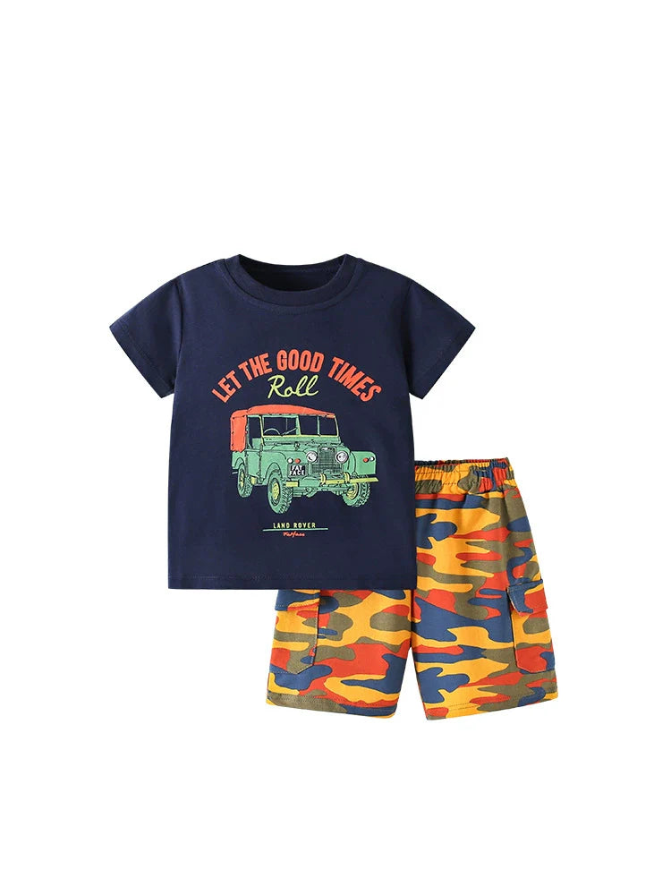 Summer Baby Kids Casual Cartoon and Letters Pattern T-shirt and Shorts Clothing Set for Boys-4