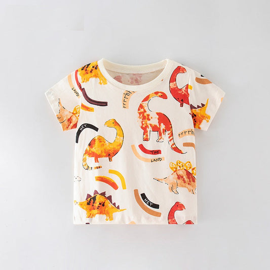 Girls’ Cartoon Orange Dinosaur Pattern Short Sleeves T-Shirt In European And American Style For Summer-1