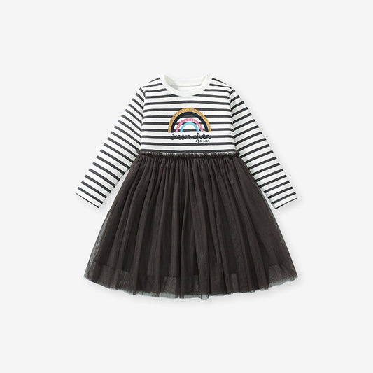 Best Selling Autumn Girls Rainbow And Striped Pattern Crew Neck Long Sleeves Tulle Patchwork Dress-1