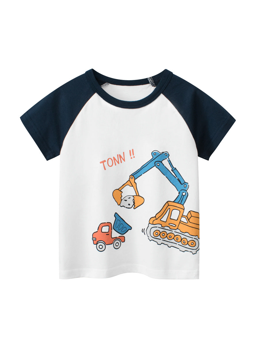 Boys’ Cartoon Excavator And Truck Print T-Shirt In European And American Style-5