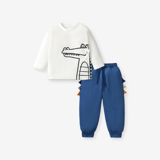 Spring And Autumn Boys Cartoon Alligator Pattern Long Sleeves Top Shirt And Pants Clothing Set-1