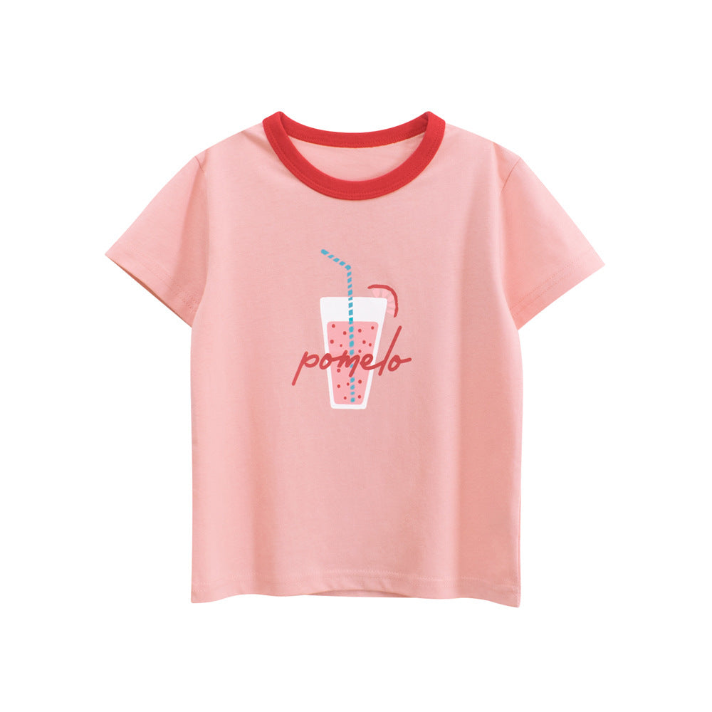 Summer Girls’ Cartoon and Letters Print T-shirt in European and American Style-0
