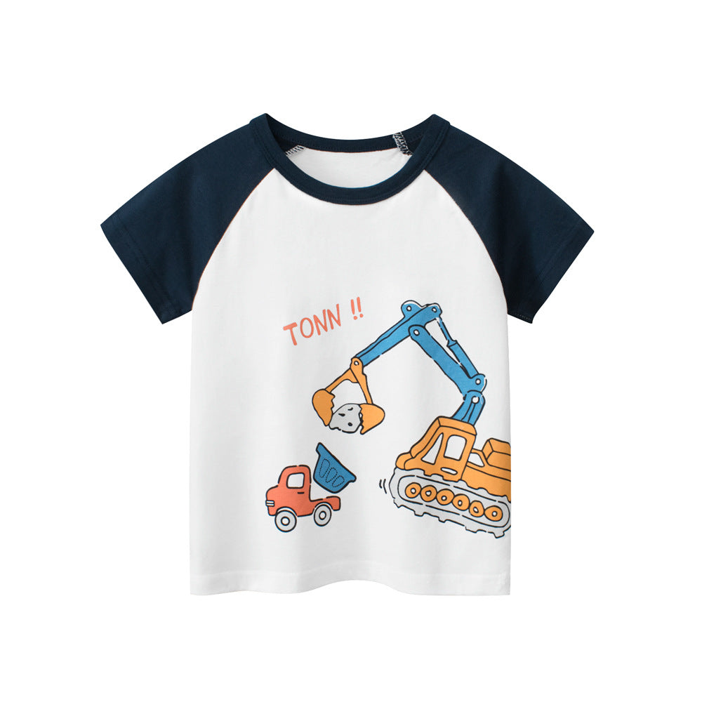 Boys’ Cartoon Excavator And Truck Print T-Shirt In European And American Style-0