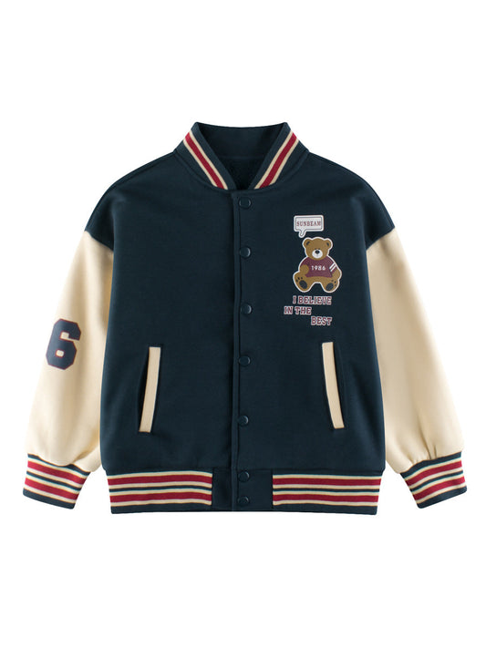 Boys and Girls Teddy Bear and Letters Printed Contrast Design Color Patchwork Single Breasted Striped Baseball Coat-1