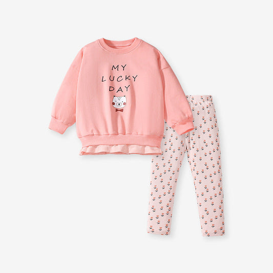 Spring And Autumn Girls Cute Cartoon Print Long Sleeves Top T-Shirt And Floral Pants Clothing Set-1