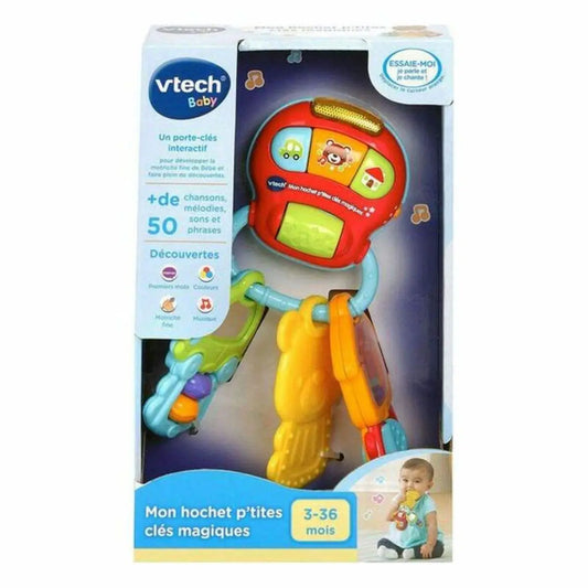 Rote und grüne plastikspielzeugsicherheitsschlüssel mit bunten tierförmigen beissringen rassel vtech baby keys