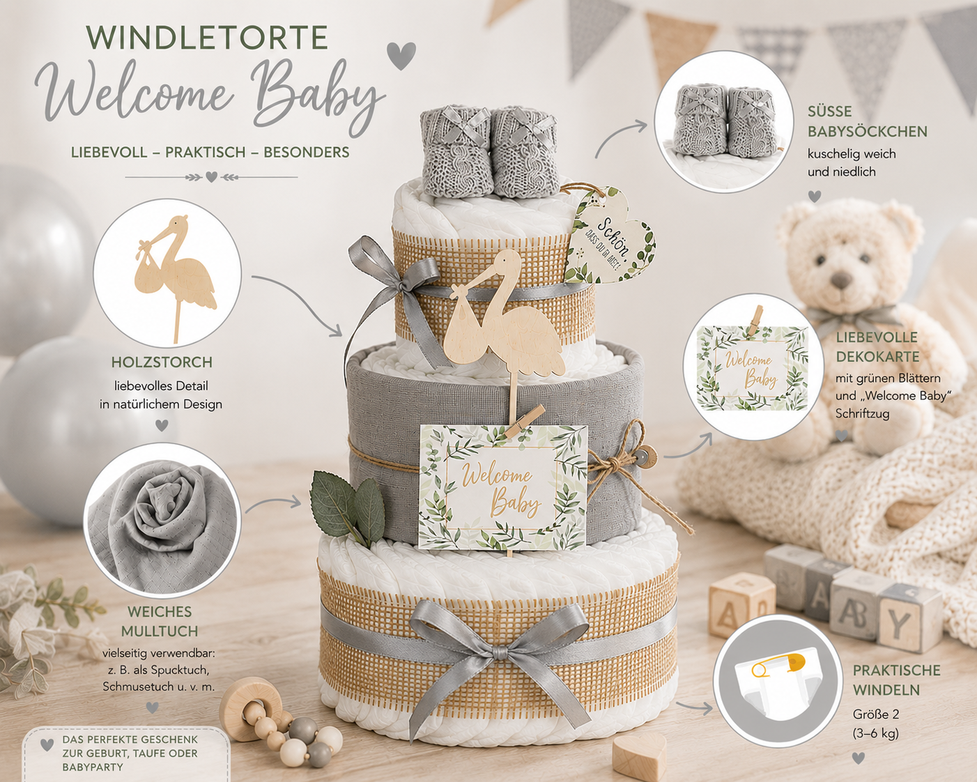 Neutrale Windeltorte Storch mit Bündel | inkl. Babybooties und Mullwindel | grau