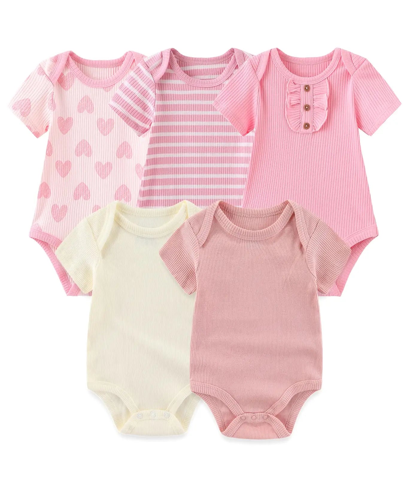 Set aus fünf weichen gerippten babybodys in pastellrosa, creme und blush mit herzen, streifen und gerafftem vorderteil