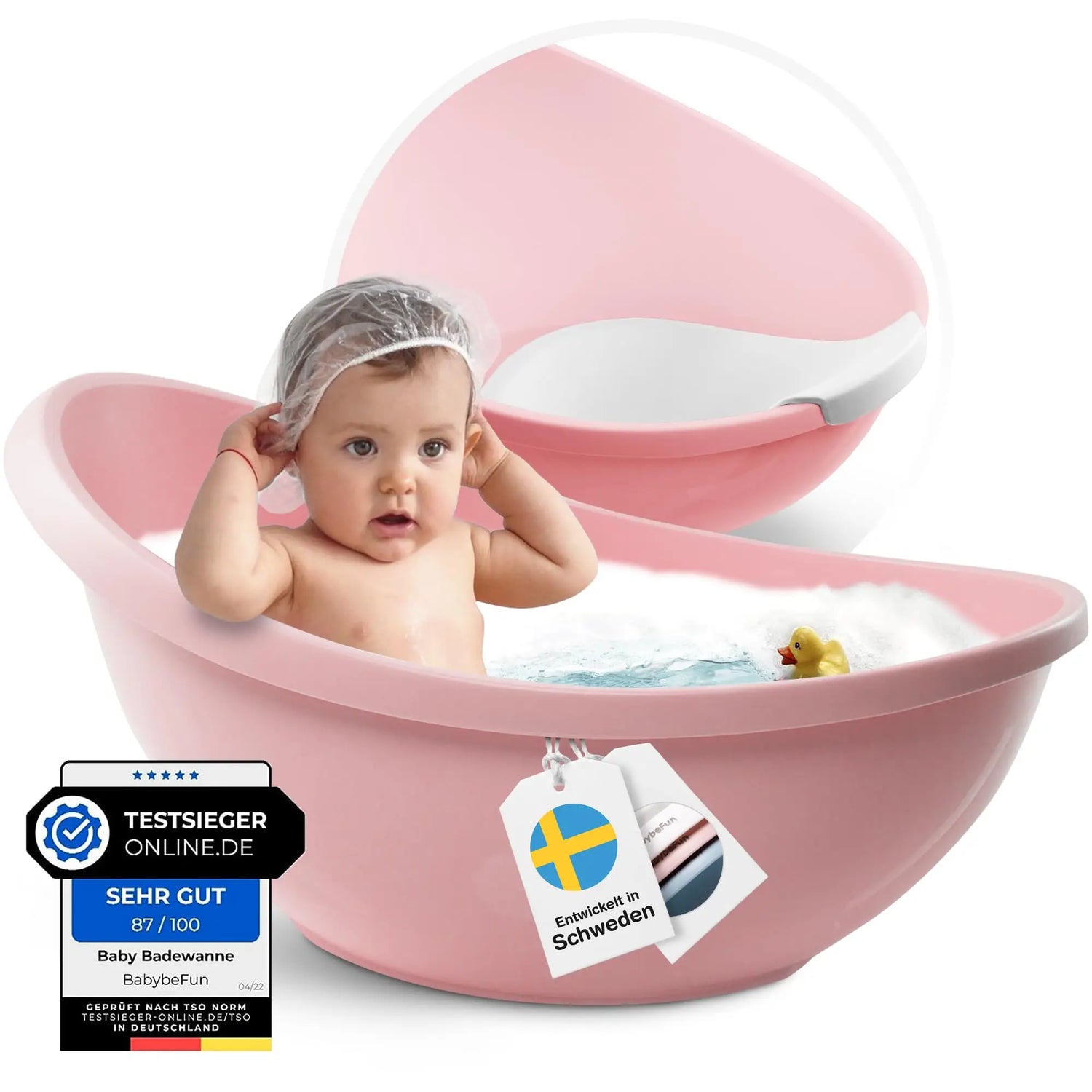 Rosa plastik babybadewanne mit weißem innenraum und grauem griff für den infantgebrauch