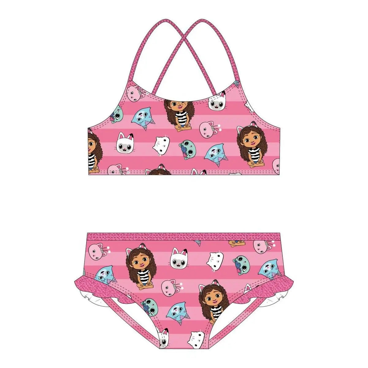 Pink gestreiftes bikini set mit cartoon figuren und tieren aus stretchstoff in der kollektion bademode mädchen
