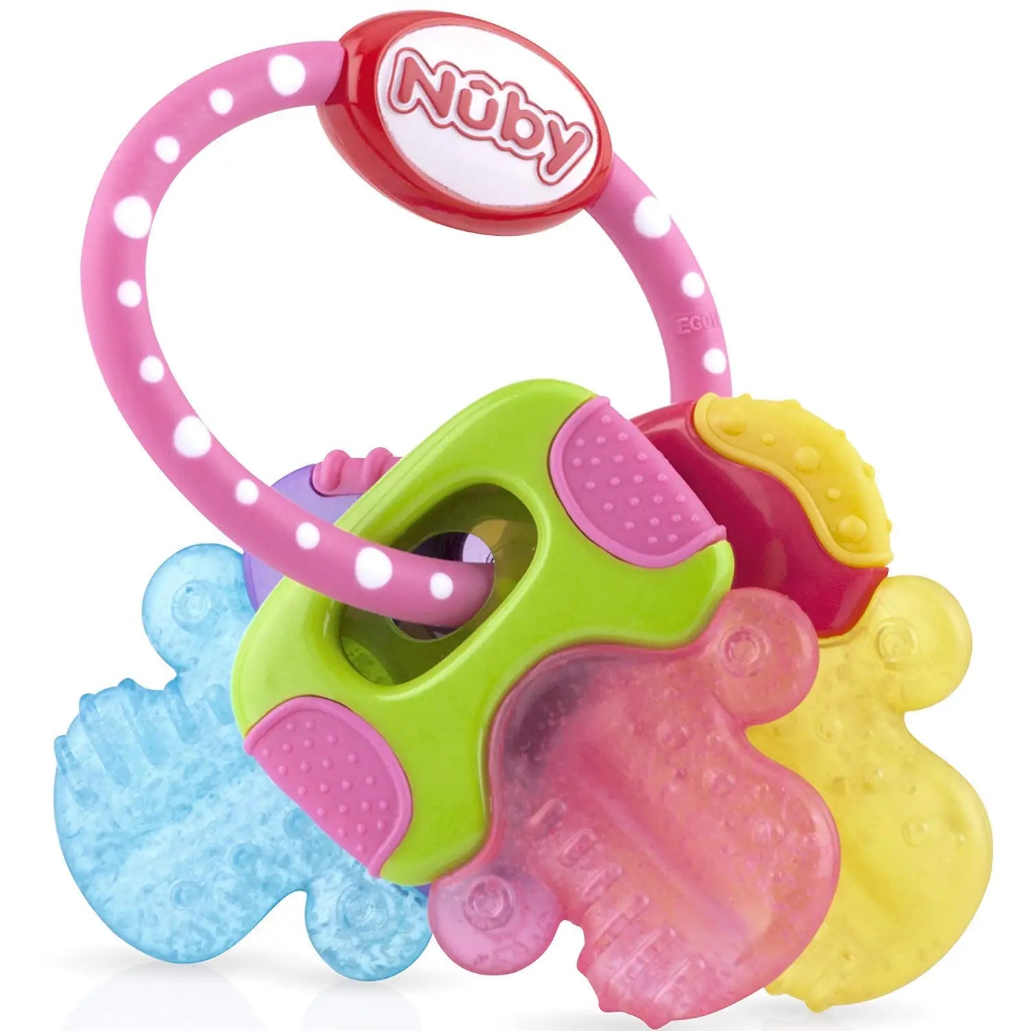 Bunte pink grün gelb blaue silikon beißring mit nuby logo aus der sammlung beißringe