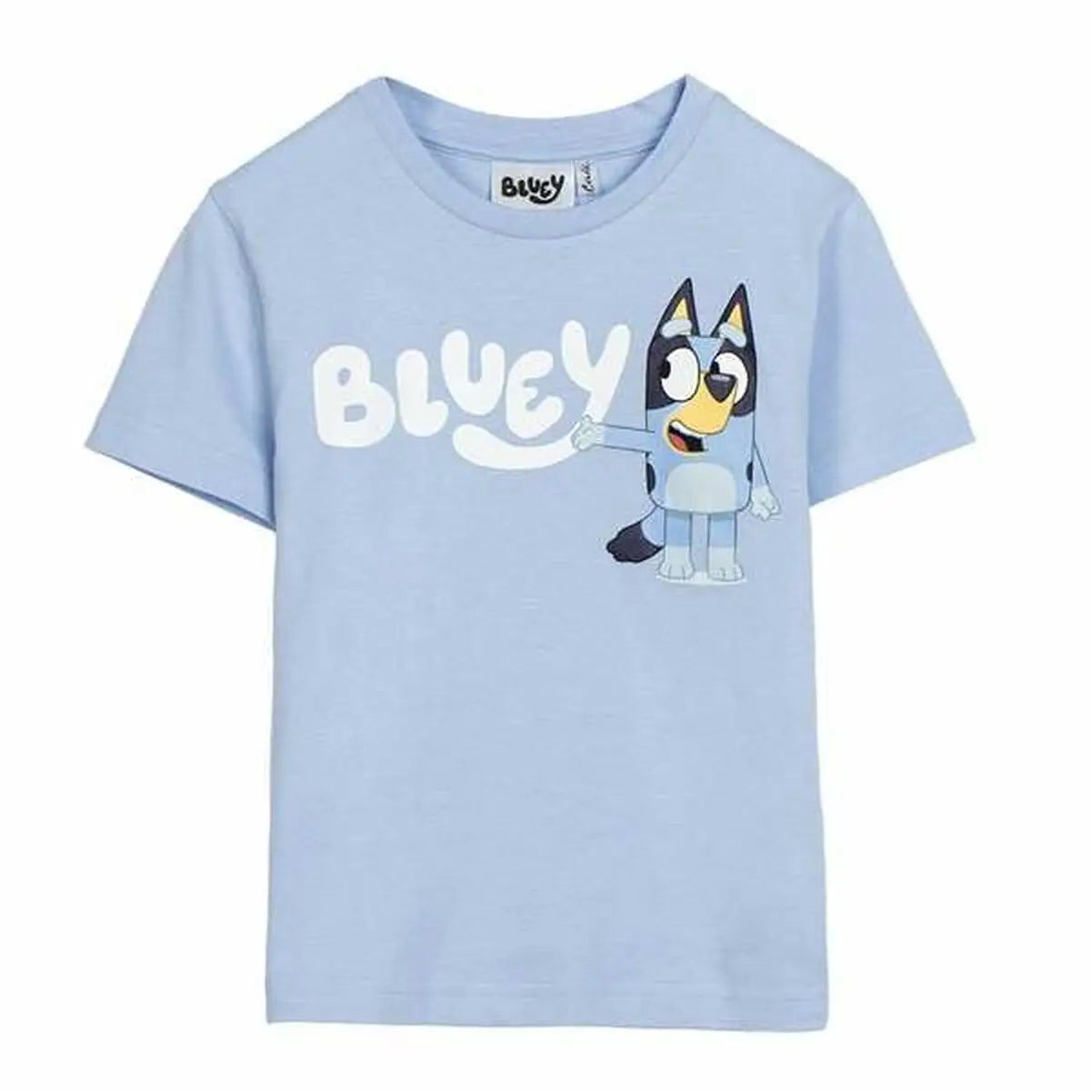 Hellblaues kurzarmshirt mit cartoonfigur mit schwarz-weißen mustern gelber nase und bluey-schriftzug aus der bekleidung jungs-kollektion