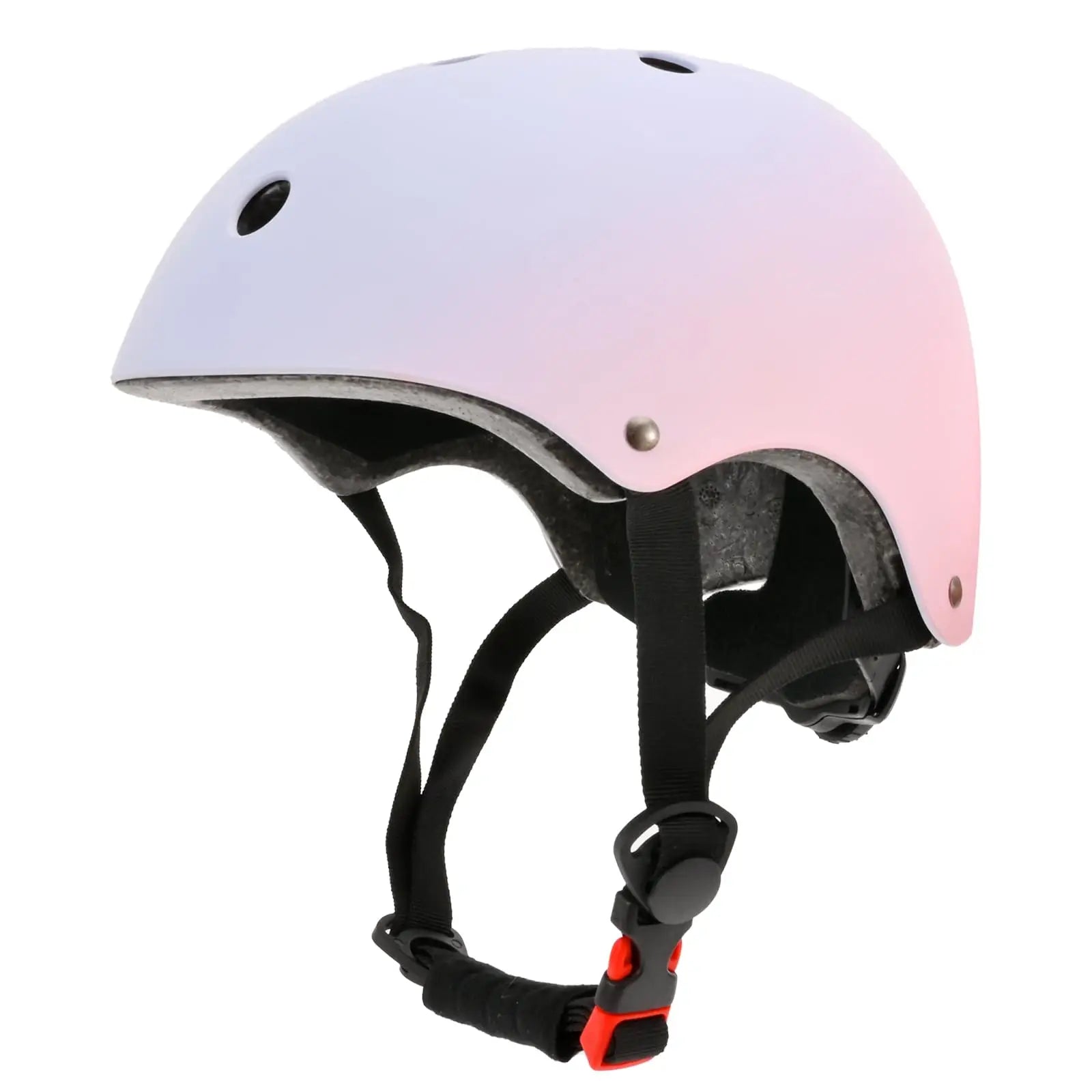 Ein schlanker fahrradhelm mit verlauf von pink zu weiß, schwarzen riemen und rot akzentuiertem verschluss