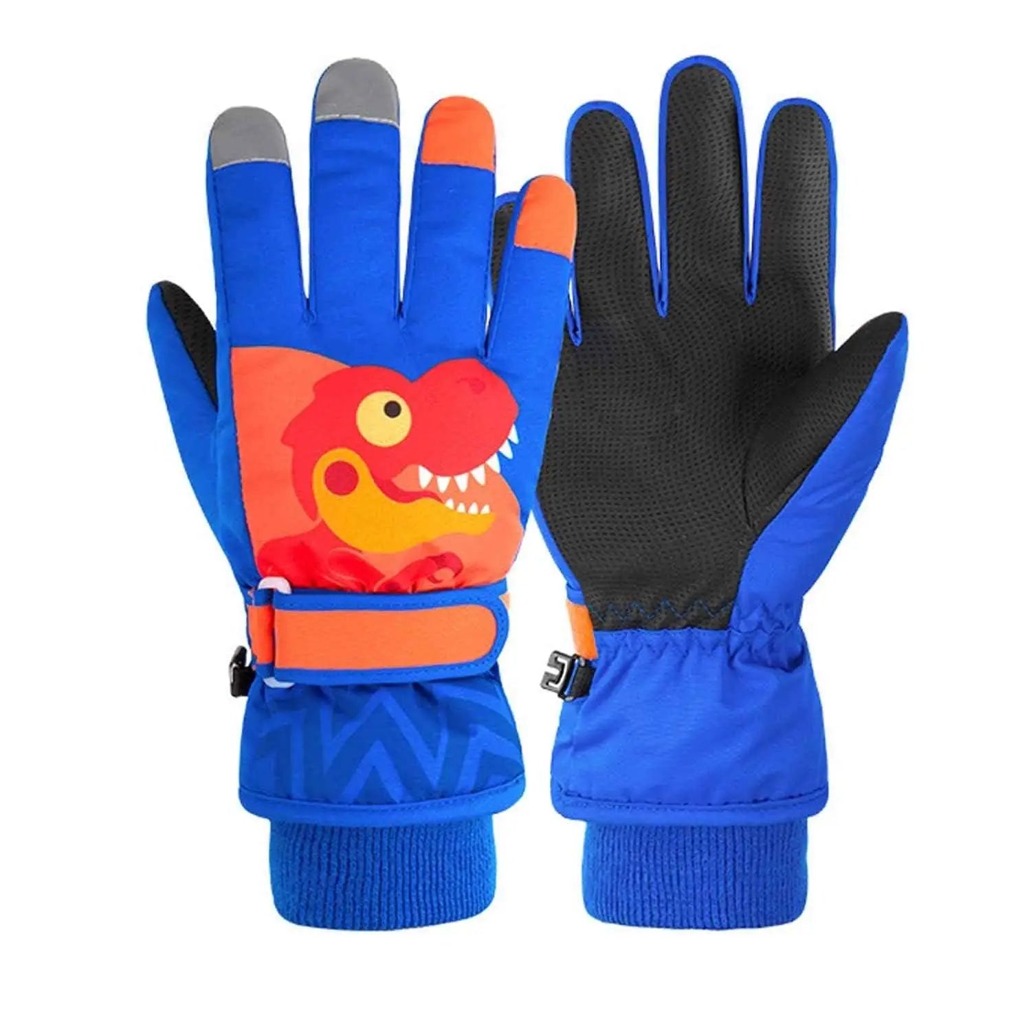 Blaue touchscreen kindhandschuhe mit rotem und gelbem dinosaurierdesign auf der rückseite und orangen fingertips in der kollektion handschuhe jungs