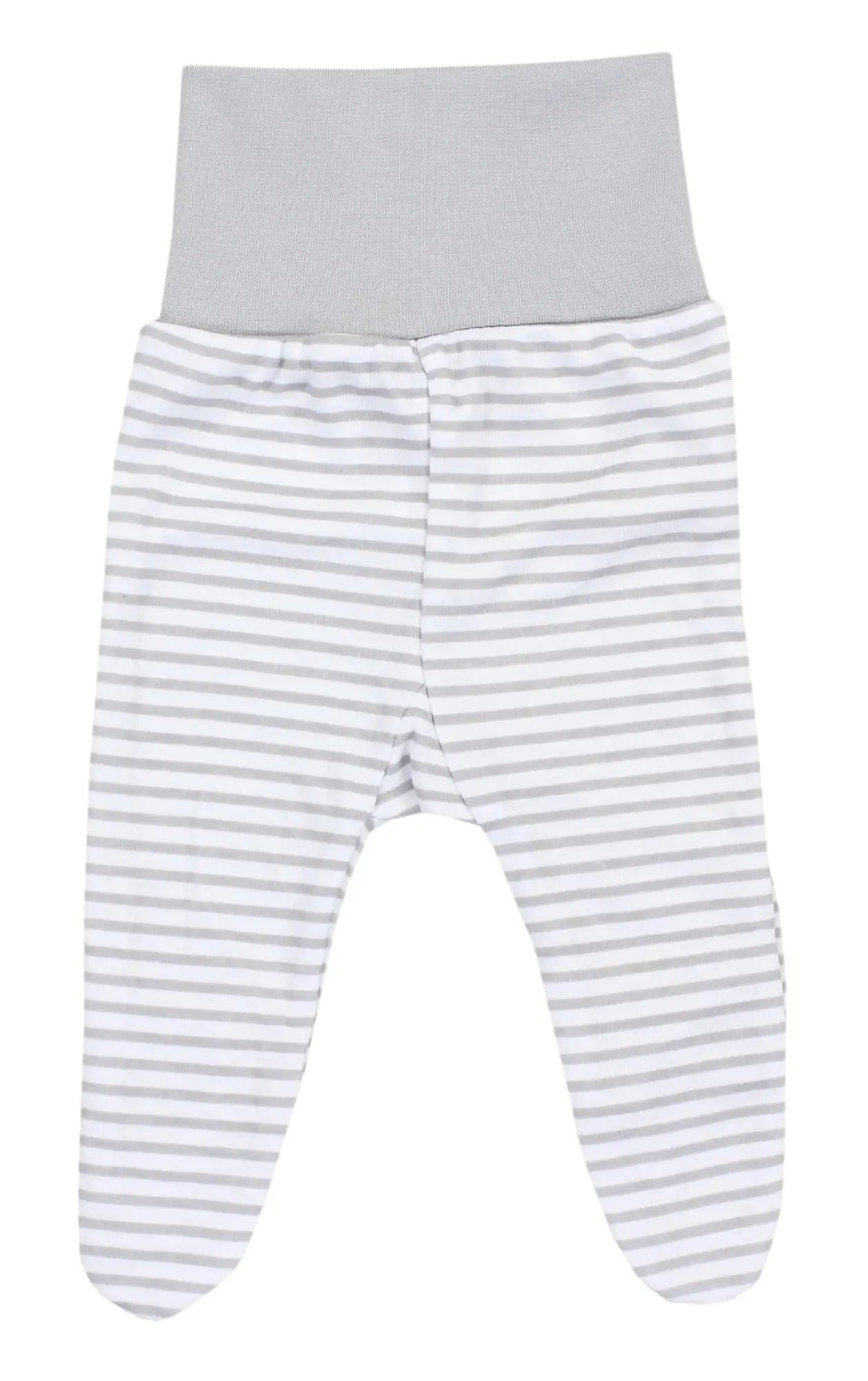 Graue und weiße gestreifte babyhose mit hohem elastischem bund aus weichem baumwollstoff aus der kollektion hosen baby
