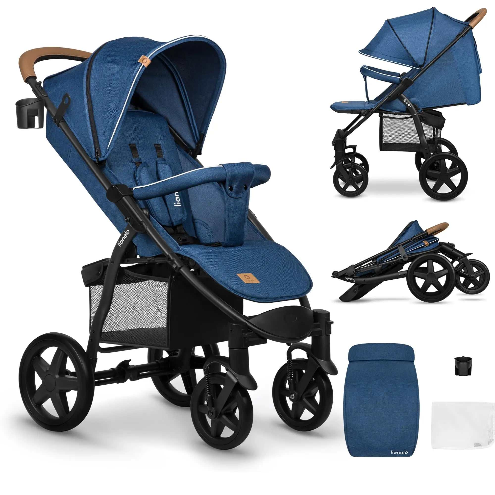 Blauer ionelo kinderwagen mit schwarzem rahmen, rädern, holzgriff und verstellbarem sonnendach