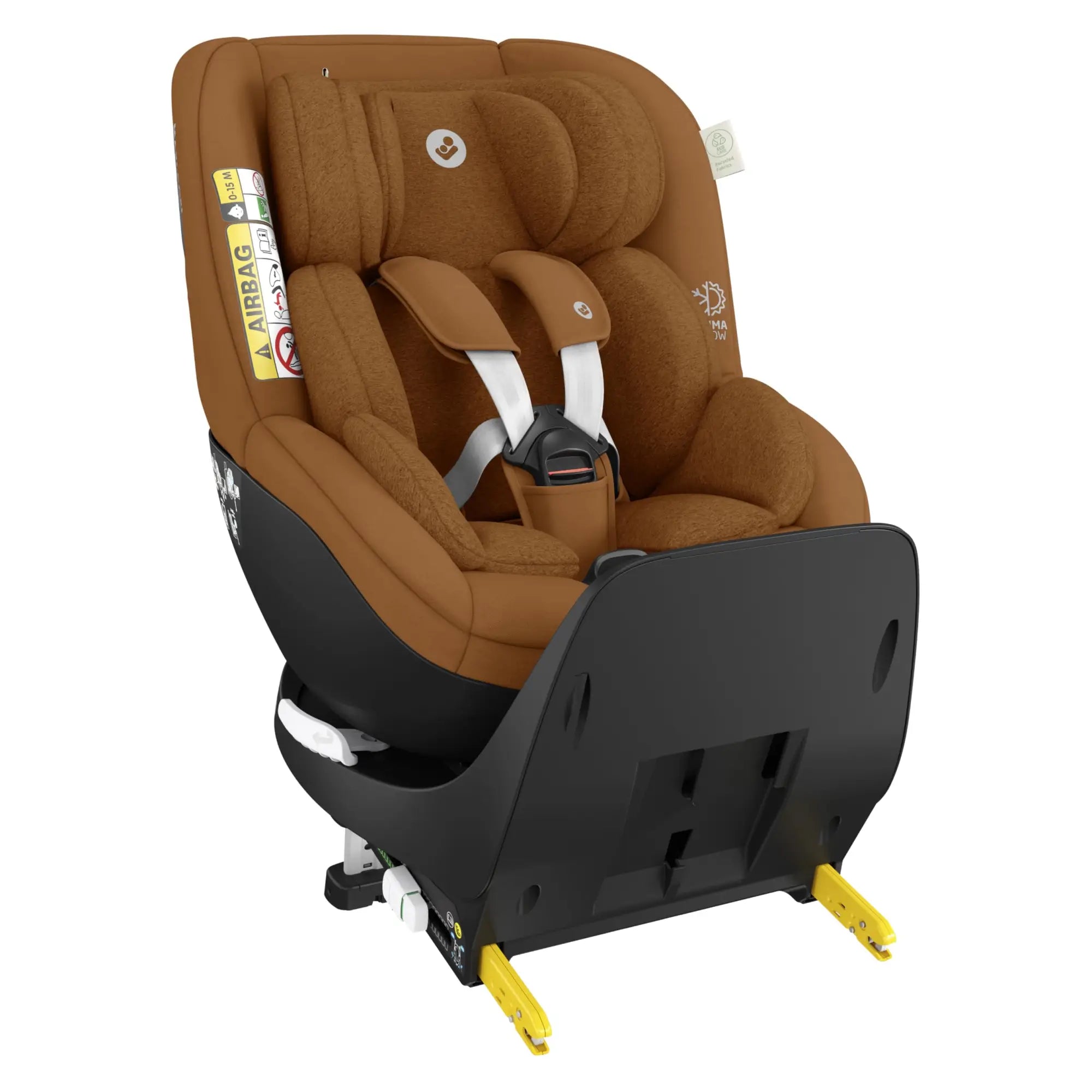 Brauner stoffautositz mit schwarzer basis und gelben sicherheitsnadeln aus der maxi cosi kollektion