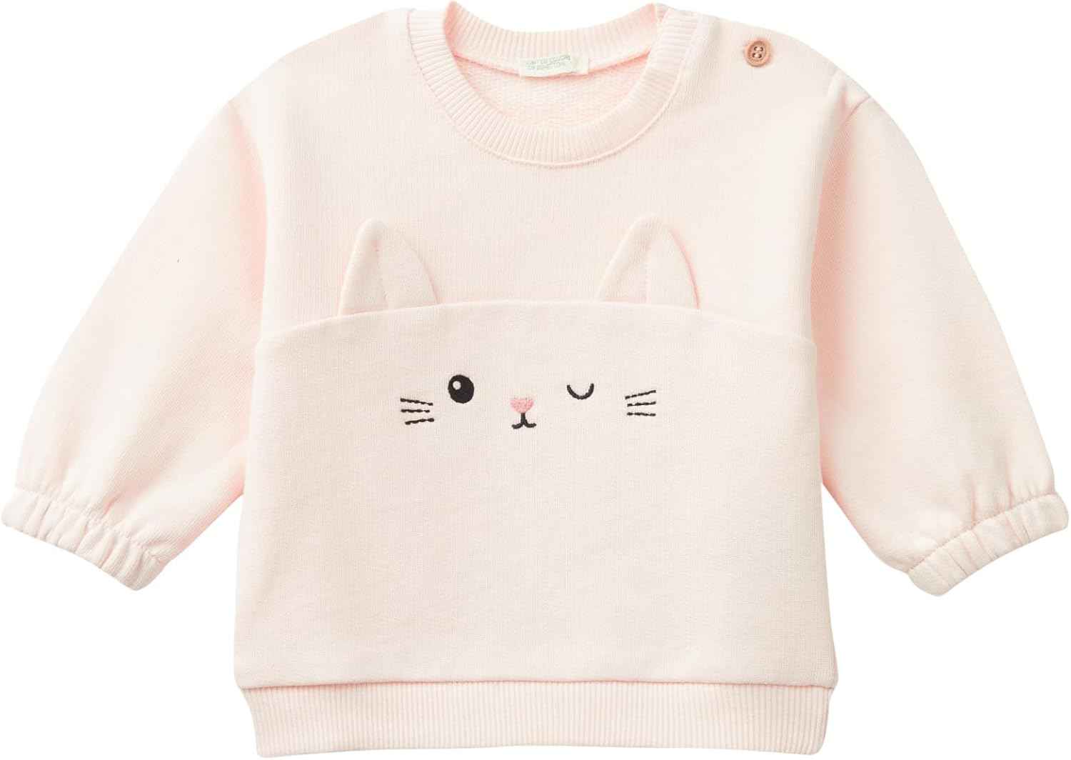 Ein weicher rosa langarm-pullover für kinder mit gesticktem katzengesicht aus der kollektion Pullover Baby.