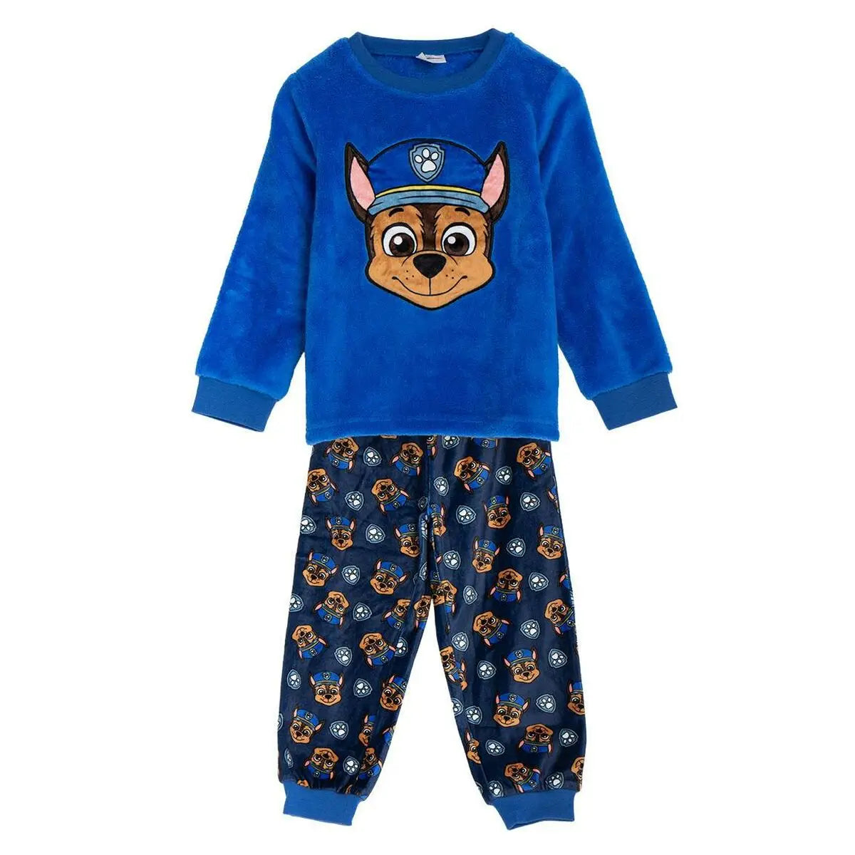 Blaues samt-pyjama-set mit cartoon-hund auf dem oberteil und gemusterten hosen aus der schlafanzüge jungs kollektion