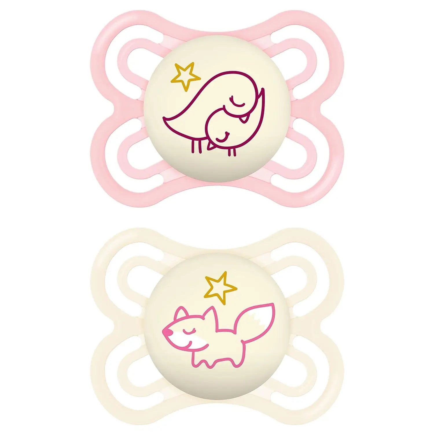 Rosa und cremefarbene mam schnuller mit niedlichen tierillustrationen und sternakzenten in der kollektion schnuller