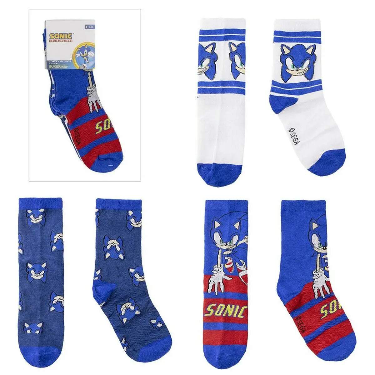 Blaue und weiße sonic the hedgehog socken mit roten akzenten und pixeliertem gesicht aus der kollektion socken jungs