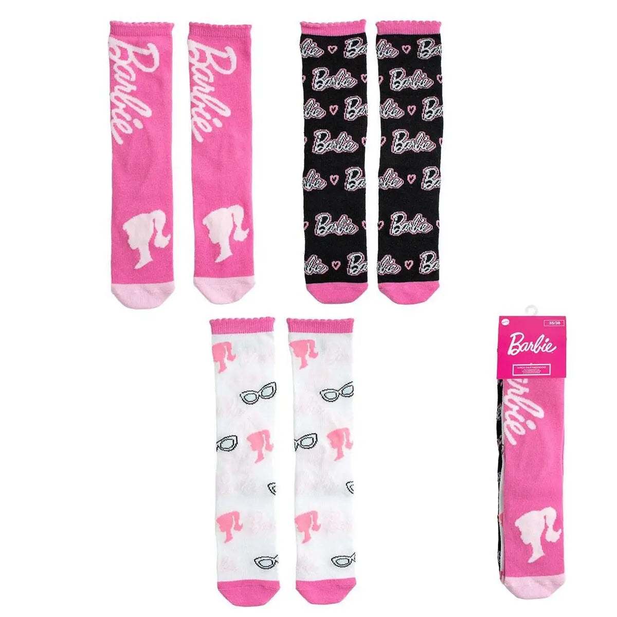 Rosa und schwarze barbie themen socken mit weißen silhouetten herzmustern und ikonischen logos in der socken mädchen kollektion