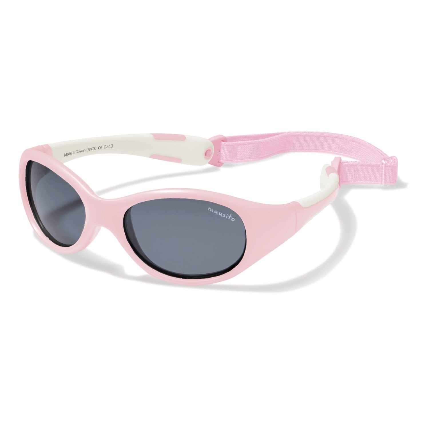 Rosa mausito kinder sonnenbrille mit dunklen grauen gläsern und flexiblem verstellbarem riemen aus der kollektion sonnenbrillen