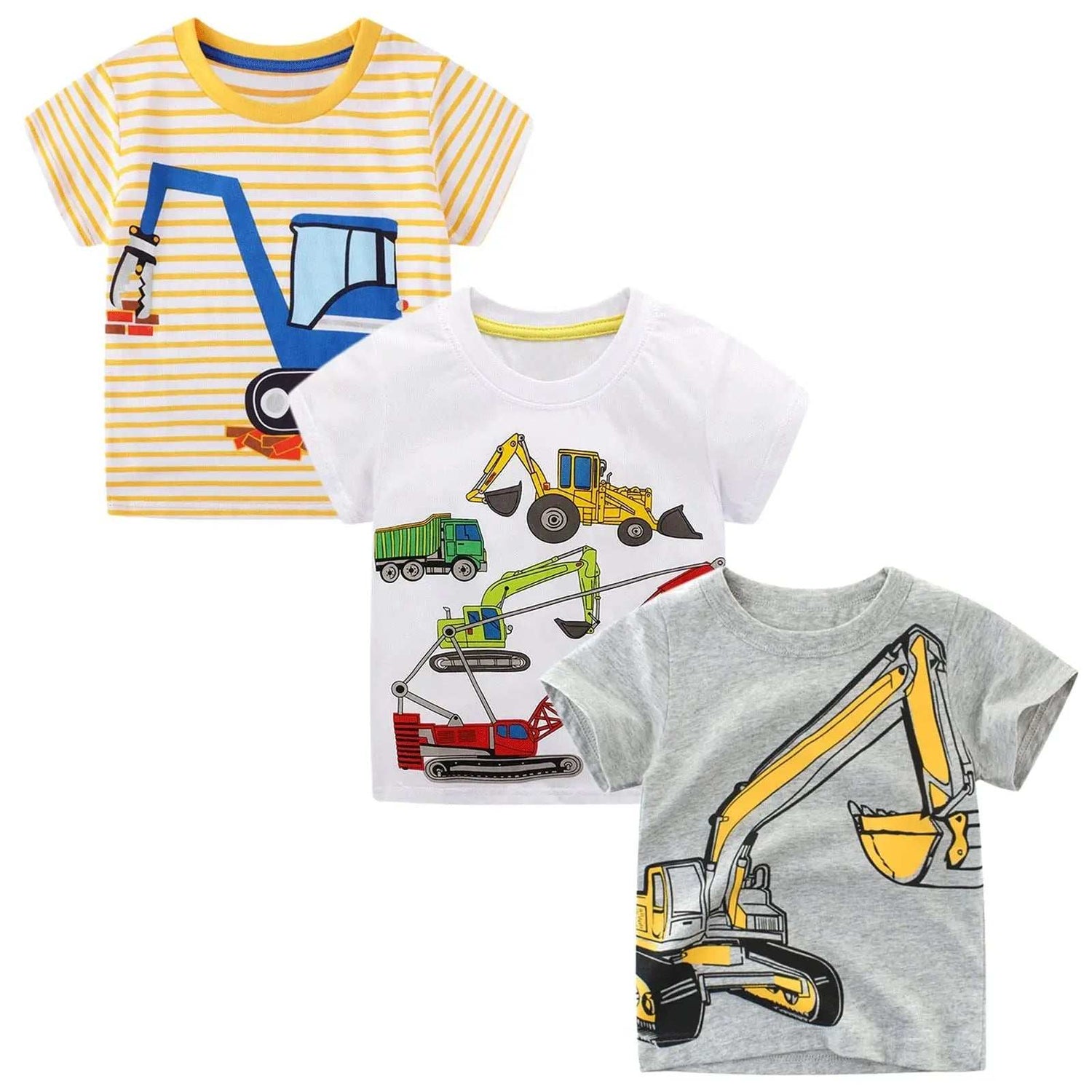 Drei kurze ärmeln t-shirts für jungen mit bunten baumaschinenmotiven auf gestreiftem oder einfarbigem stoff