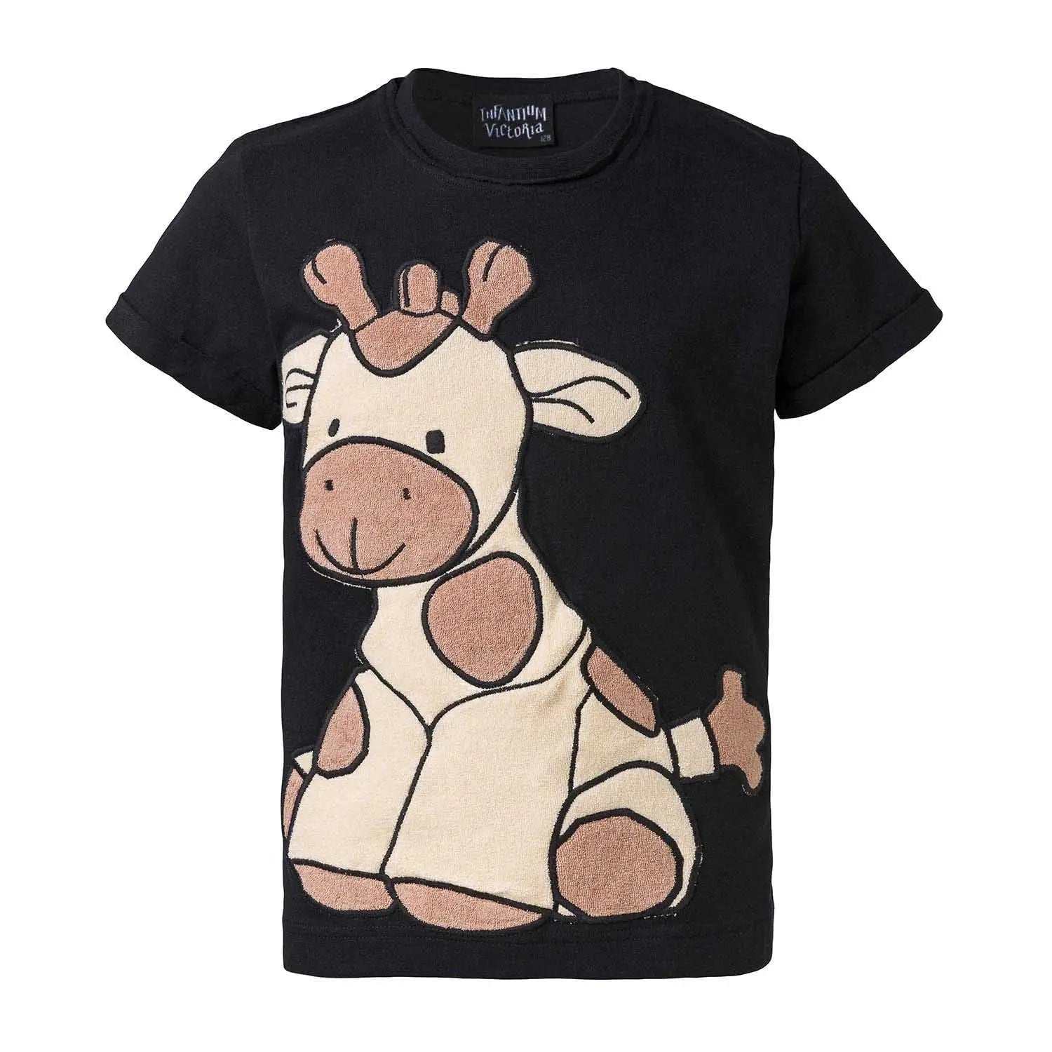 Schwarzes kurzarmshirt mit beigem und braunem plüsch-giraffenapplikation und stickdetails aus der t-shirts mädchen kollektion.