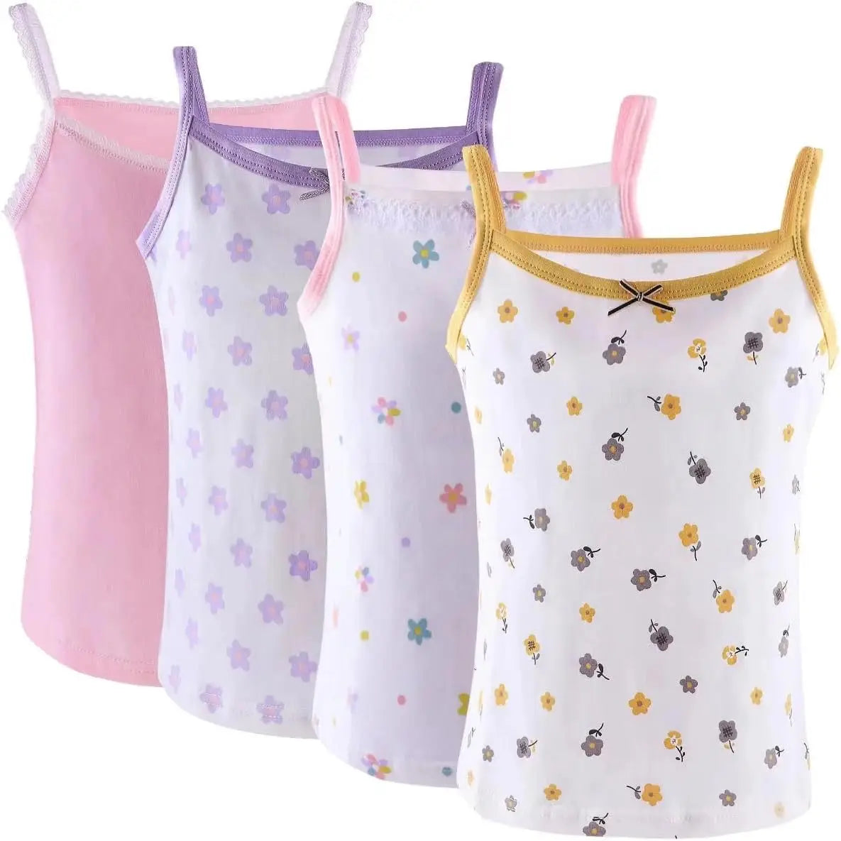 Set aus vier pastellfarbenen spaghetti-träger-tanktops mit floralem und sternmuster sowie spitzenbesatz