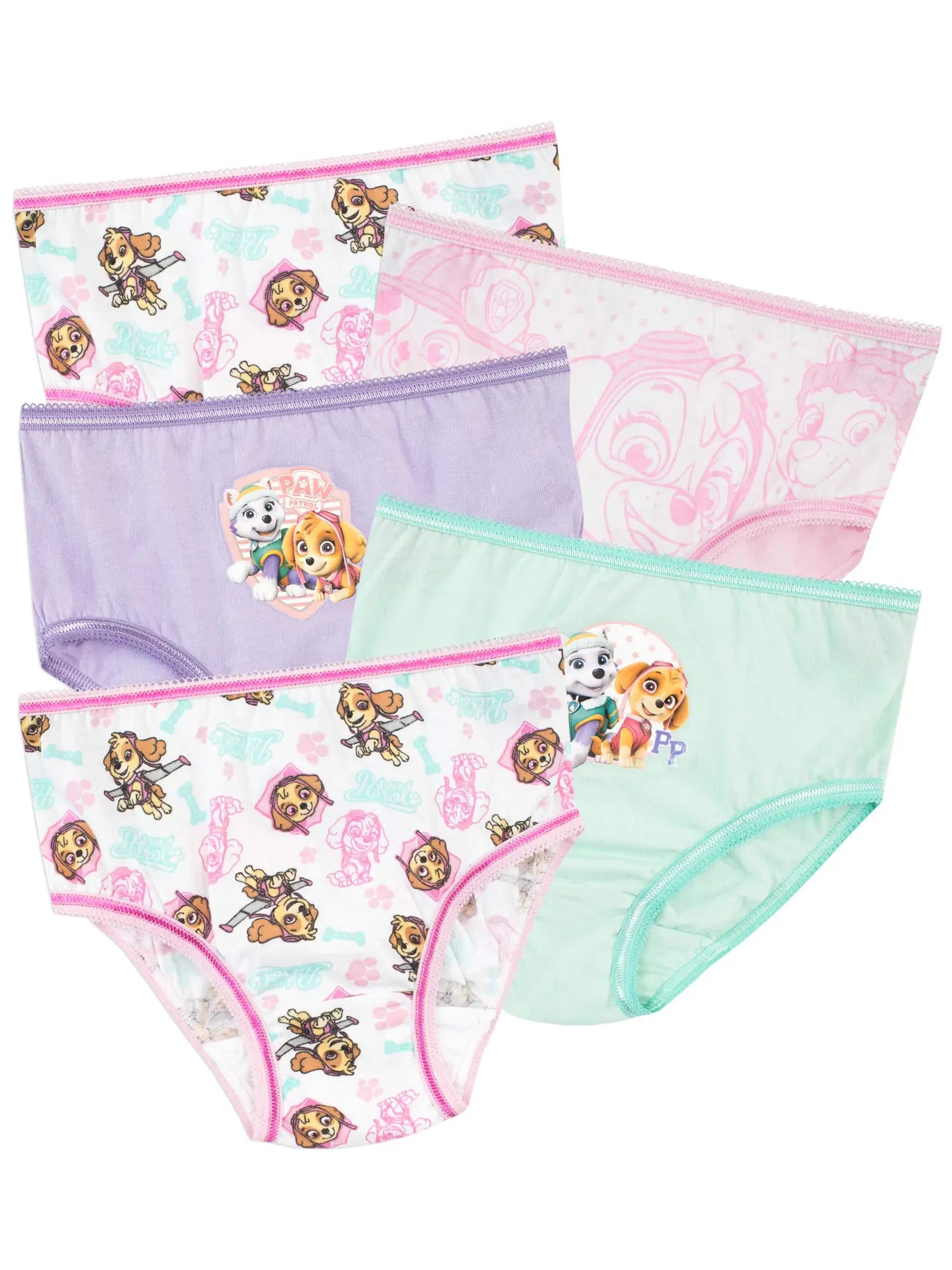Ein set aus fünf bunten paw patrol mädchenunterhosen in pastellfarben mit cartoonmotiven und pinkem rand