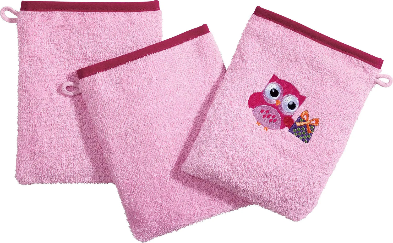 Rosa terry cloth waschlappen mit bordeauxfarbener einfassung und eulenstickerei aus der kollektion waschlappen