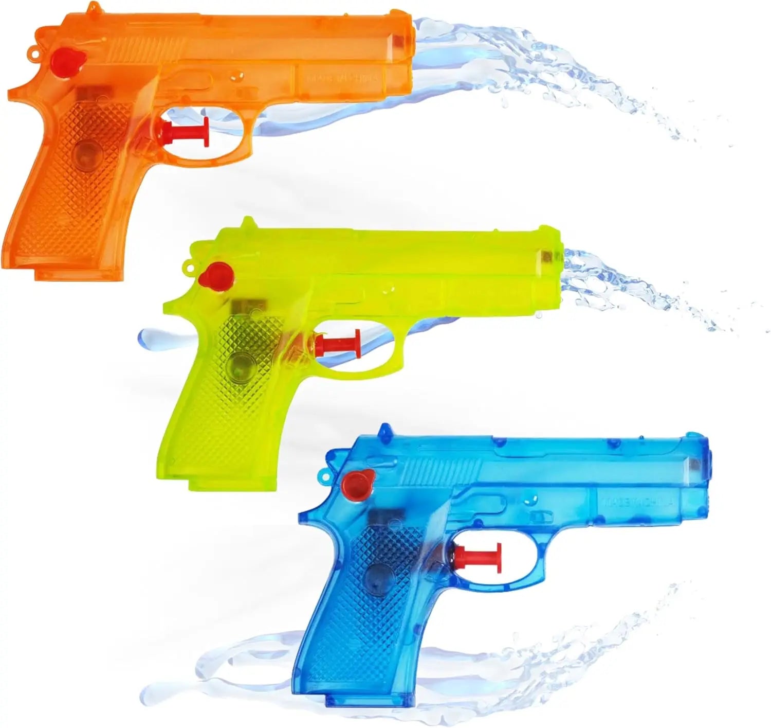 Drei durchsichtige plastik wasserpistolen in orange, limettengrün und blau mit roten abzügen im set wasserpistolen