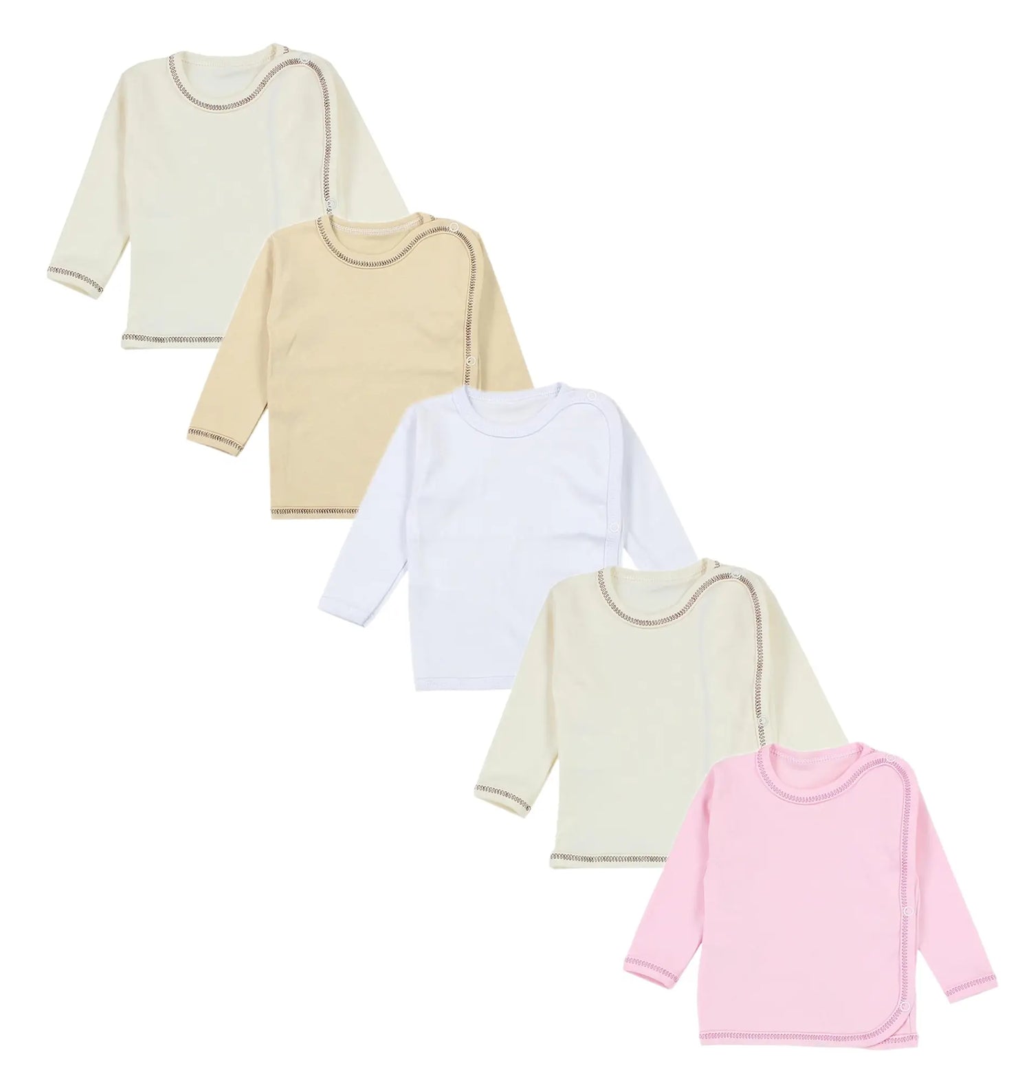 Set von fünf wickelshirts in pastellfarben mit langarm und zarter perlenverzierung am ausschnitt und ärmeln