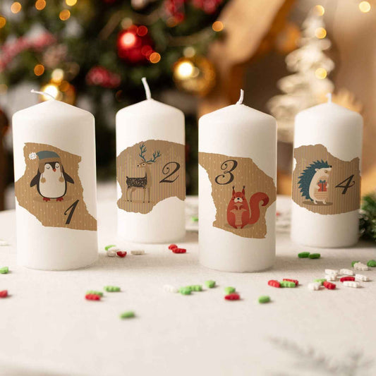 Kleine Kerzen "Advent Tiere Vintage" - Adventskerzen im 4er Set