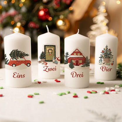 Kleine Kerzen "Advent Weihnachtsmotive" - Adventskerzen im 4er Set