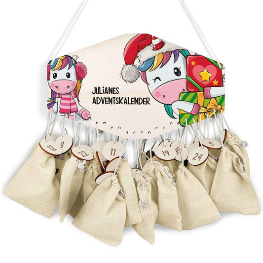 Personalisierter Adventskalender aus Holz mit Druckmotiv & Namen - Einhorn