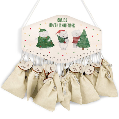 Personalisierter Adventskalender aus Holz mit Druckmotiv & Namen - Eisbären