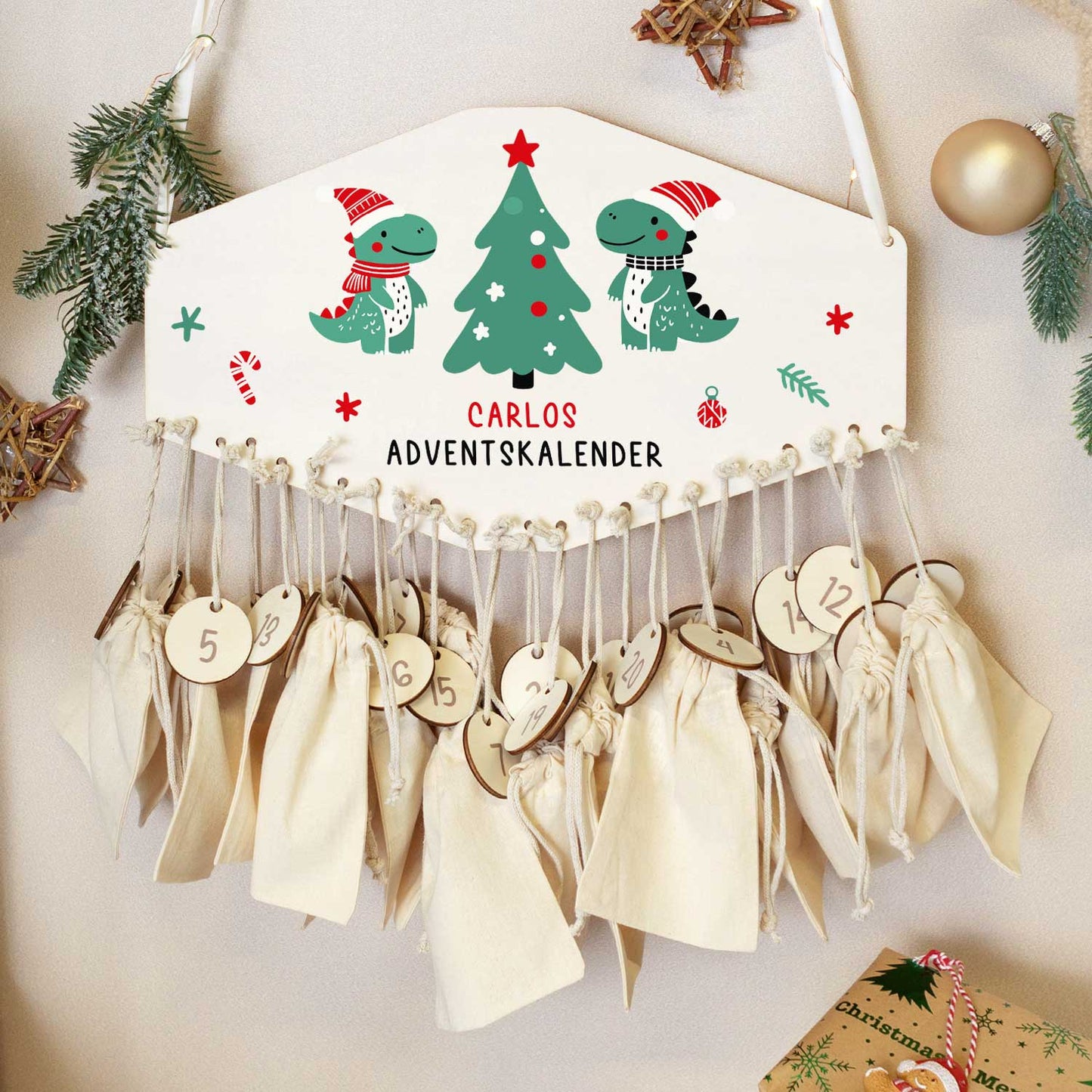 Personalisierter Adventskalender aus Holz mit Druckmotiv & Namen - Dinos